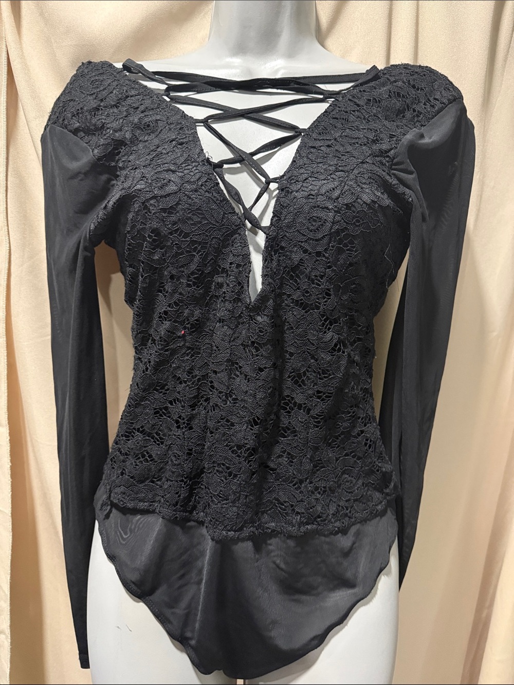 Black Lace-Up Long Sleeve Women's Lace Top